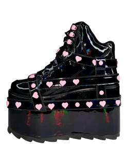 Y R U QOZMO BNDG HEART - BLACK HOLOGRAM/PINK Platforms
