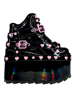 Y R U QOZMO BNDG HEART - BLACK HOLOGRAM/PINK Platforms