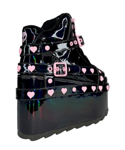 Y R U QOZMO BNDG HEART - BLACK HOLOGRAM/PINK Platforms